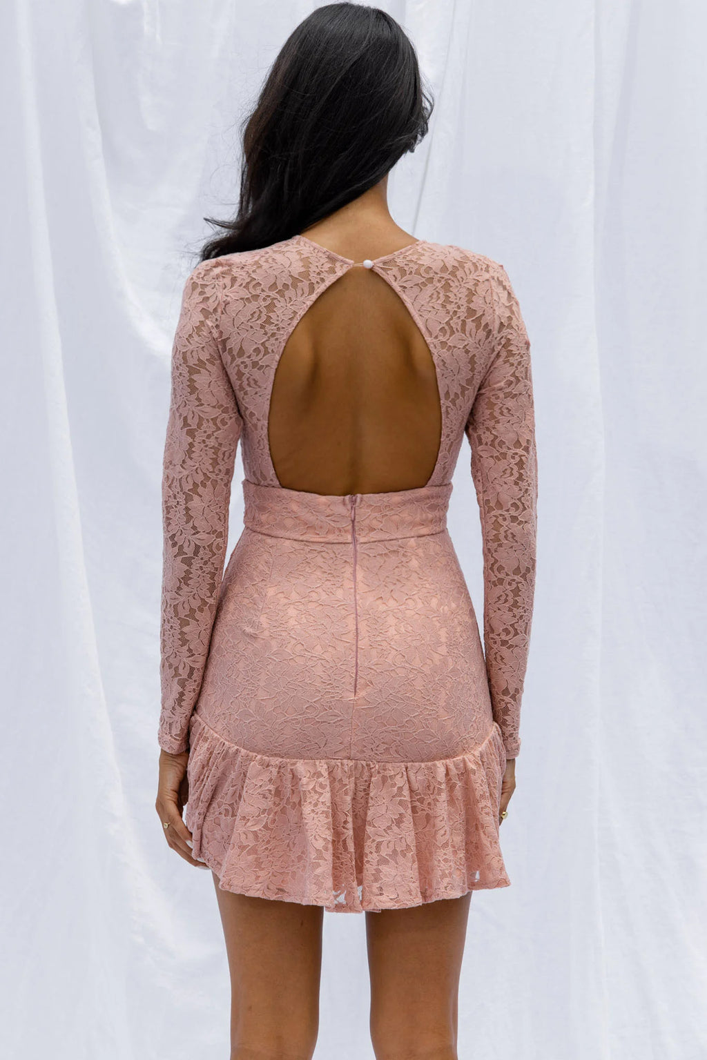 Hearts Aflutter Long Sleeve Open Back Lace Mini Dress Blush