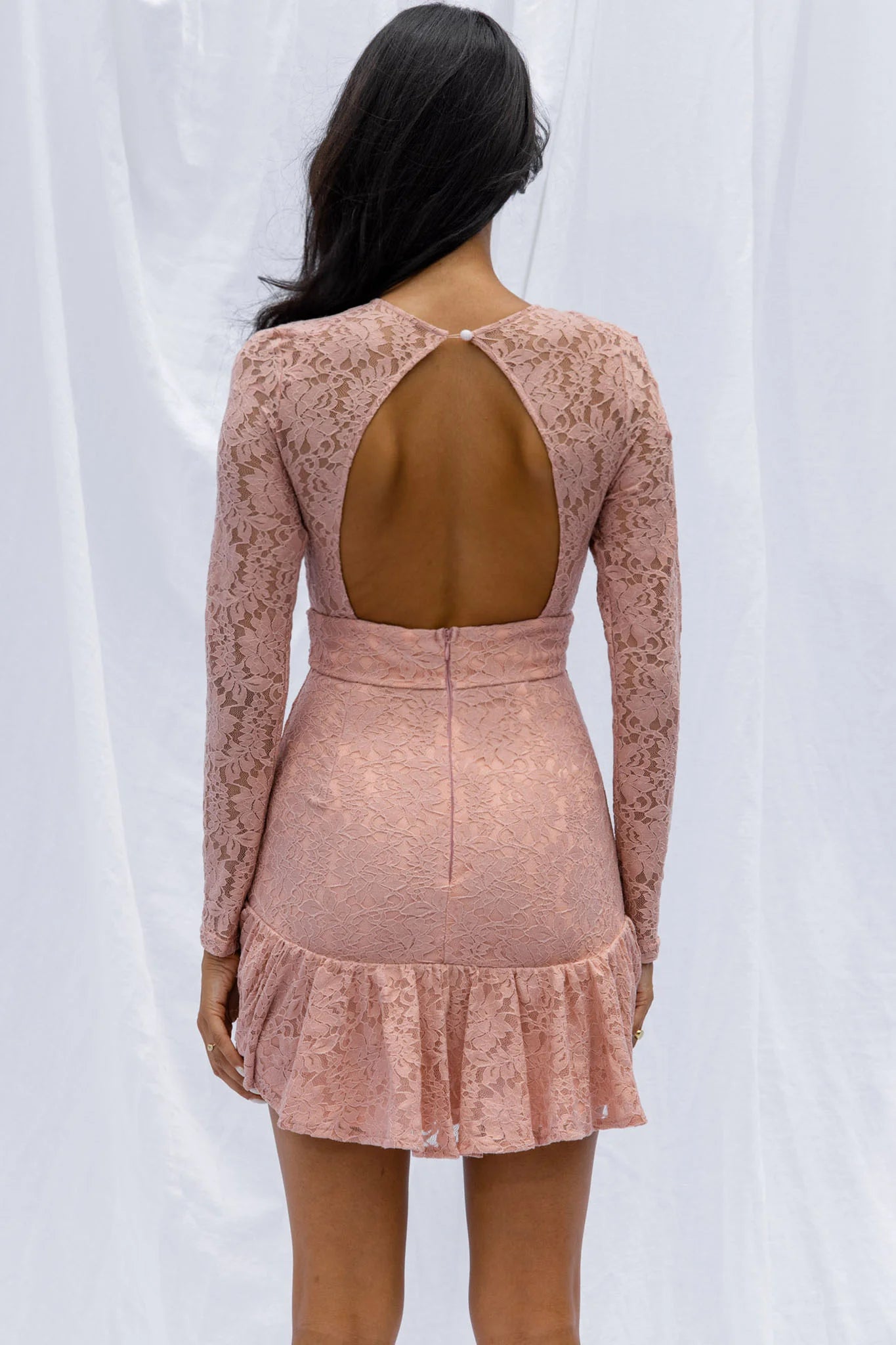 Hearts Aflutter Long Sleeve Open Back Lace Mini Dress Blush