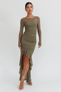 Jozelle Long Sleeve Ruched Maxi Dress Olive