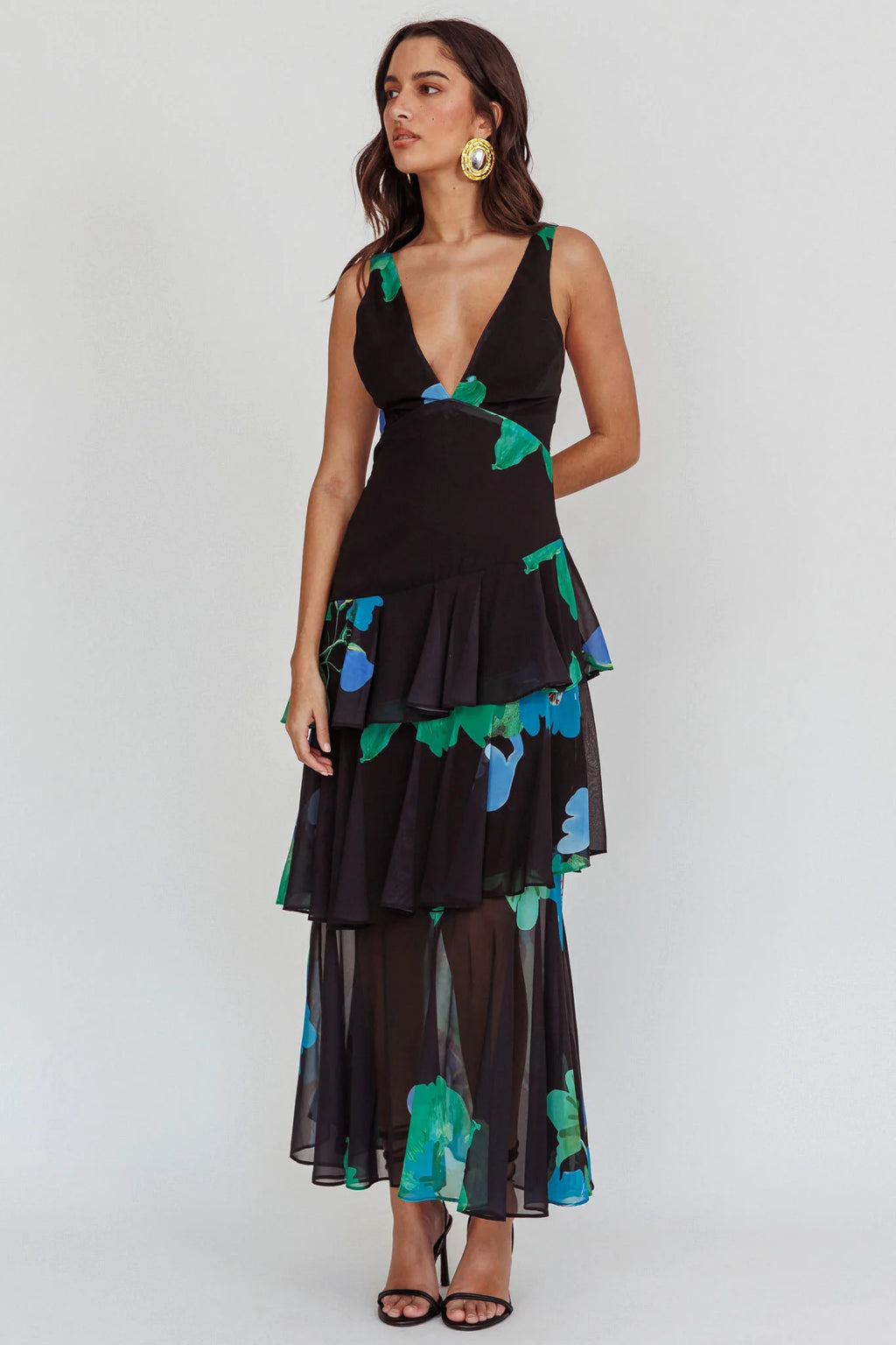 Veda Strappy Back Ruffle Maxi Dress Black