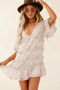 Chasing Daisies Fluted Sleeve Frill Trim Shift Dress Sprinkle Print Beige