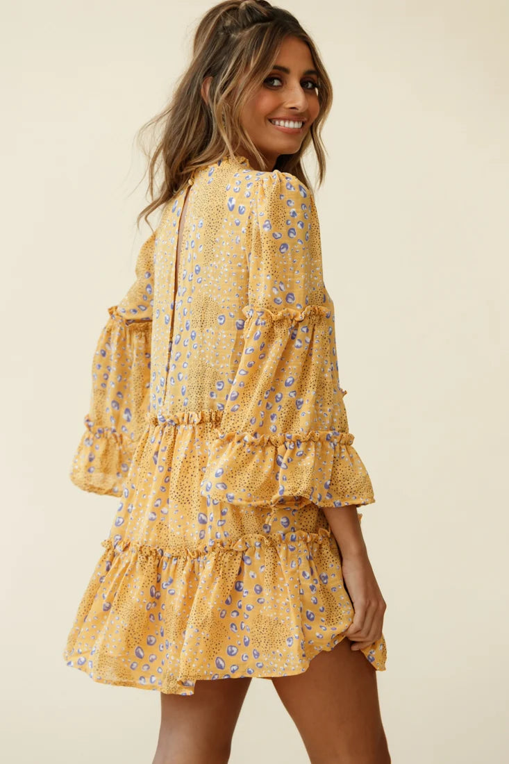 Beatrix High Neck Bell Sleeve Dress Droplet Print Yellow