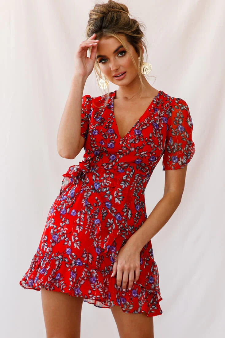 Edie V-Neck Chiffon Dress Red
