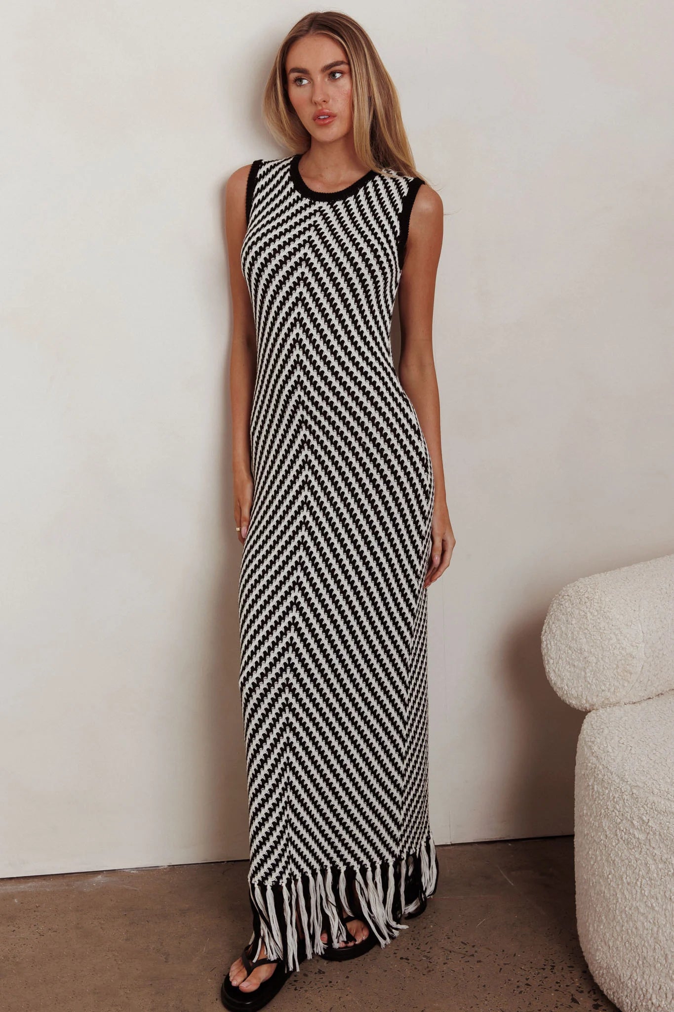 Same Place Fringed Knit Maxi Dress Black