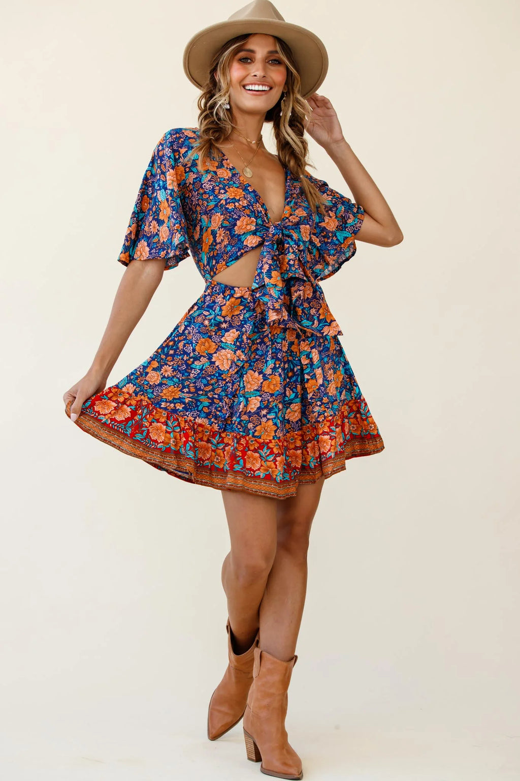 Suva Tie-Knot Bust A-Line Dress Floral Print Navy