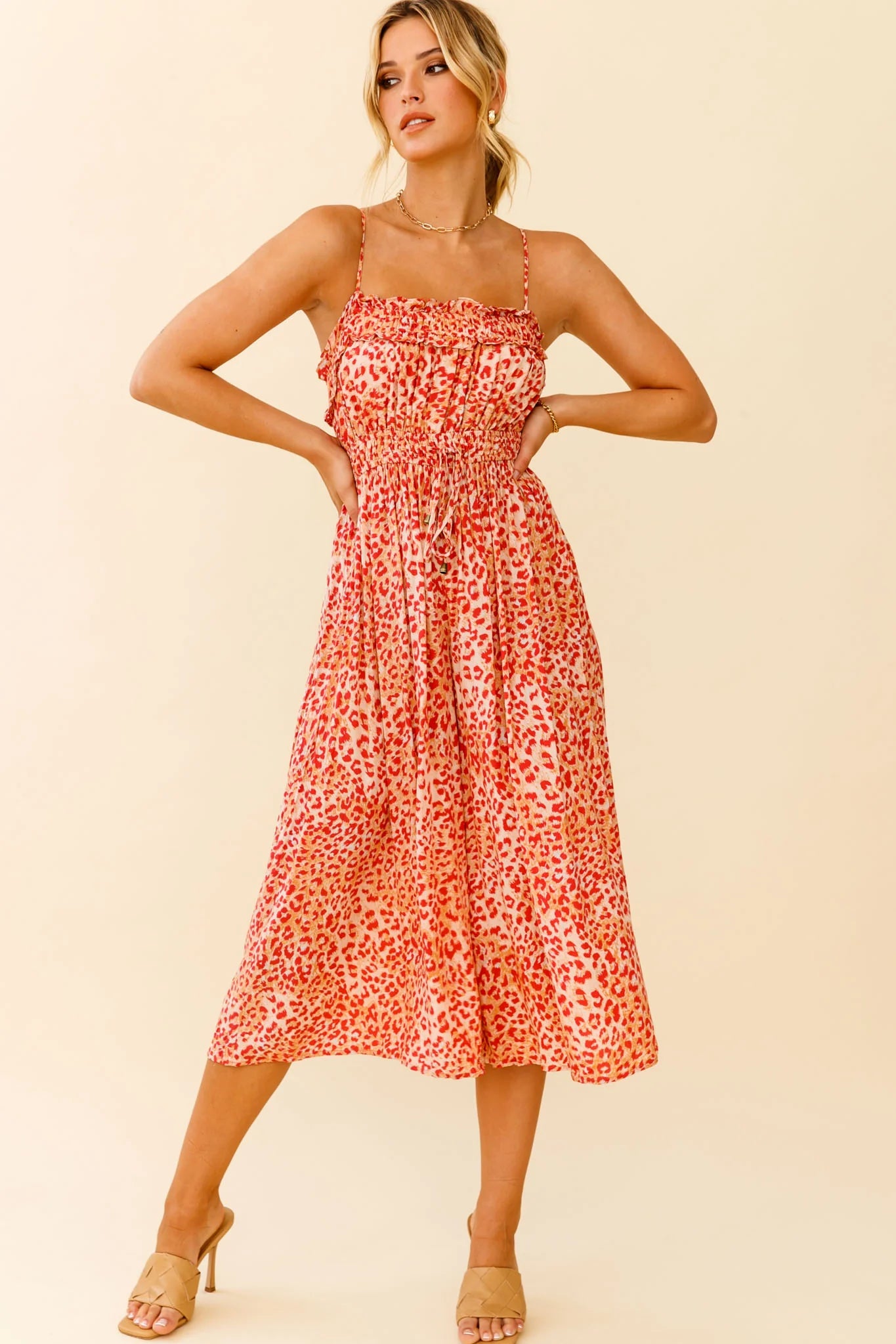 Weekend Escape Cami Strap Drawstring Jumpsuit Animal Print Orange