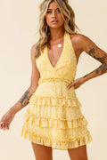 Venezuela Ruffle Trim Tie-Back Halterneck Dress Floral Print Yellow/White