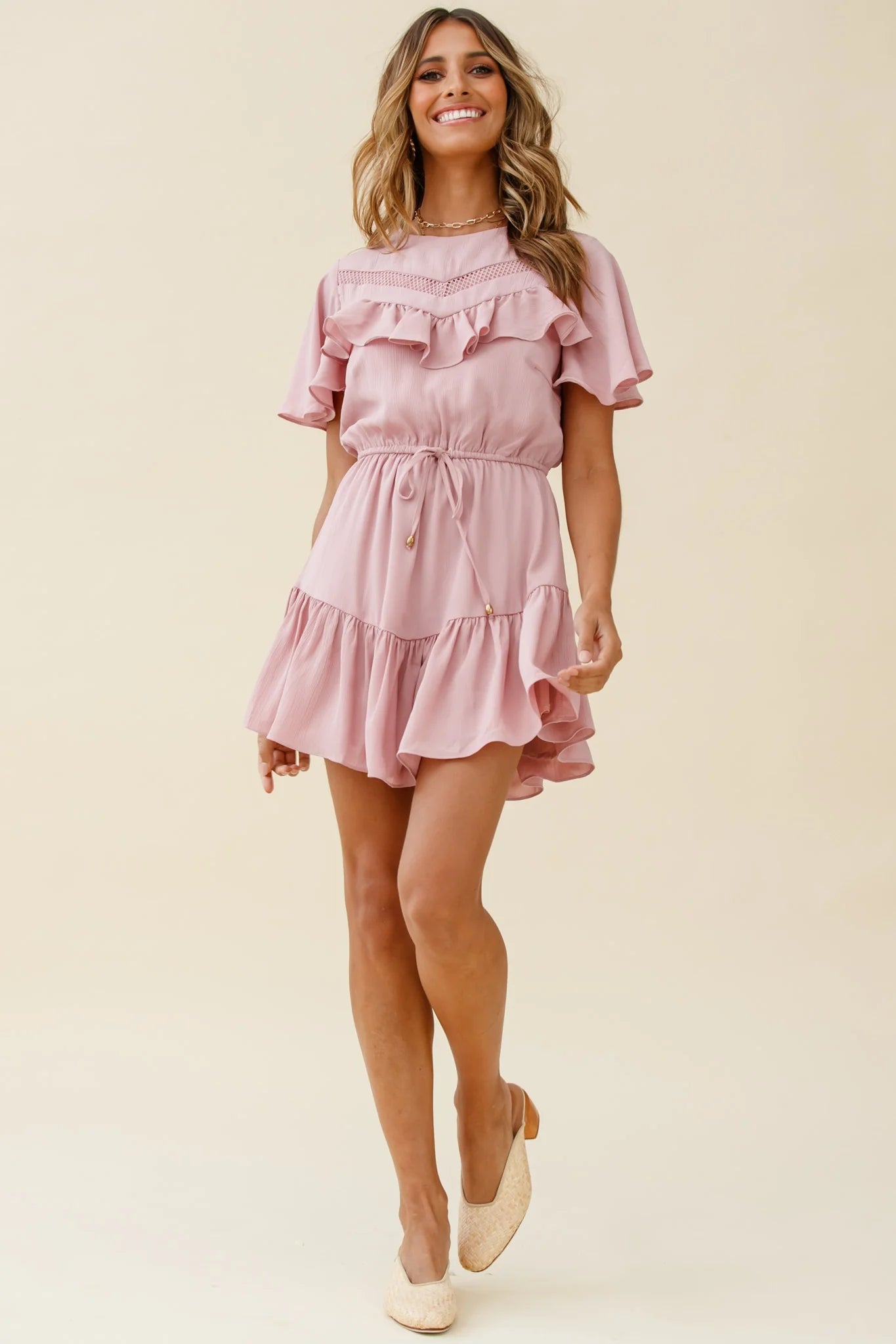 Forever Free Angel Sleeve Drawstring Waist Dress Blush