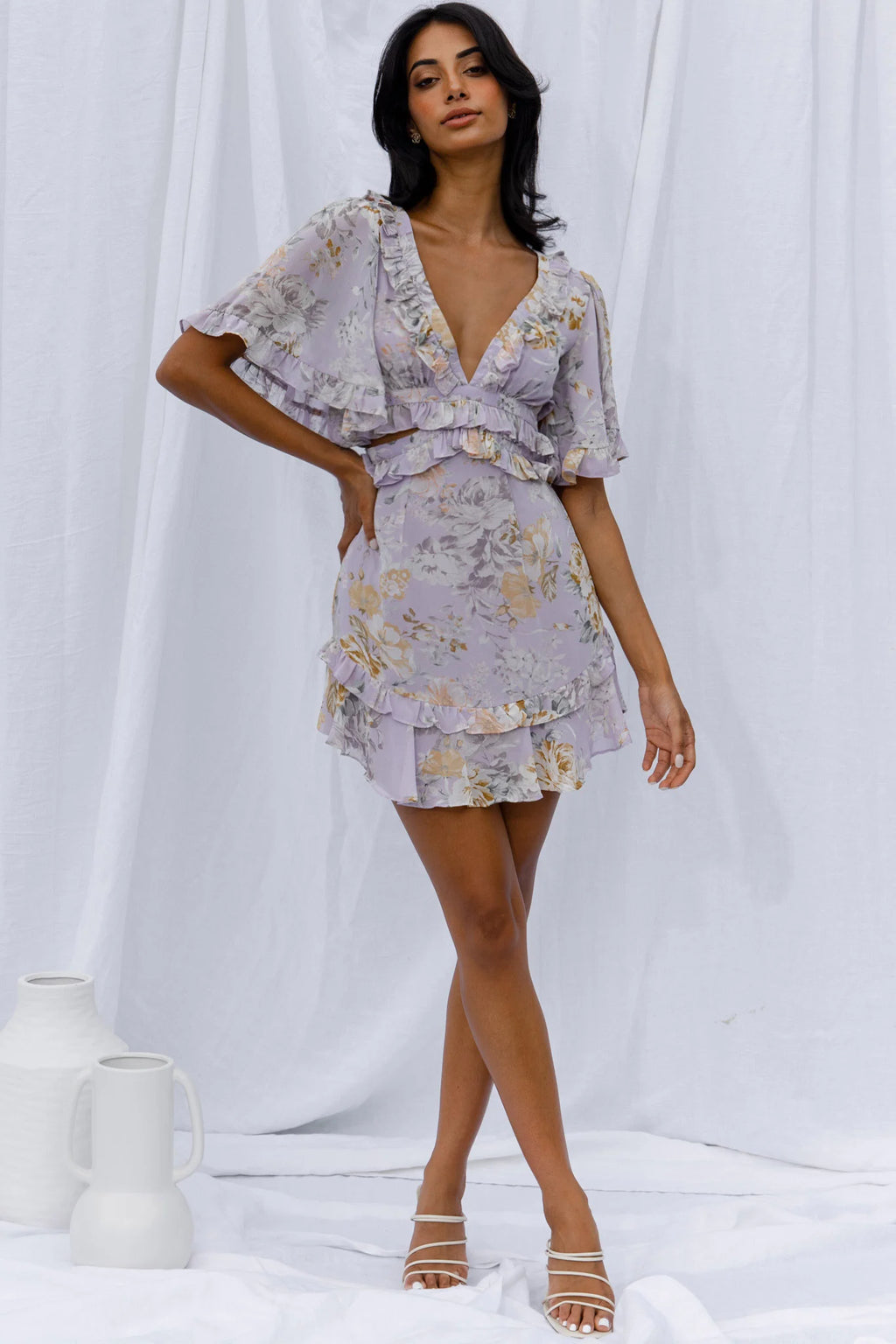 My Belle Cut-Out Detail Frill Accent Dress Vintage Floral Print Lilac