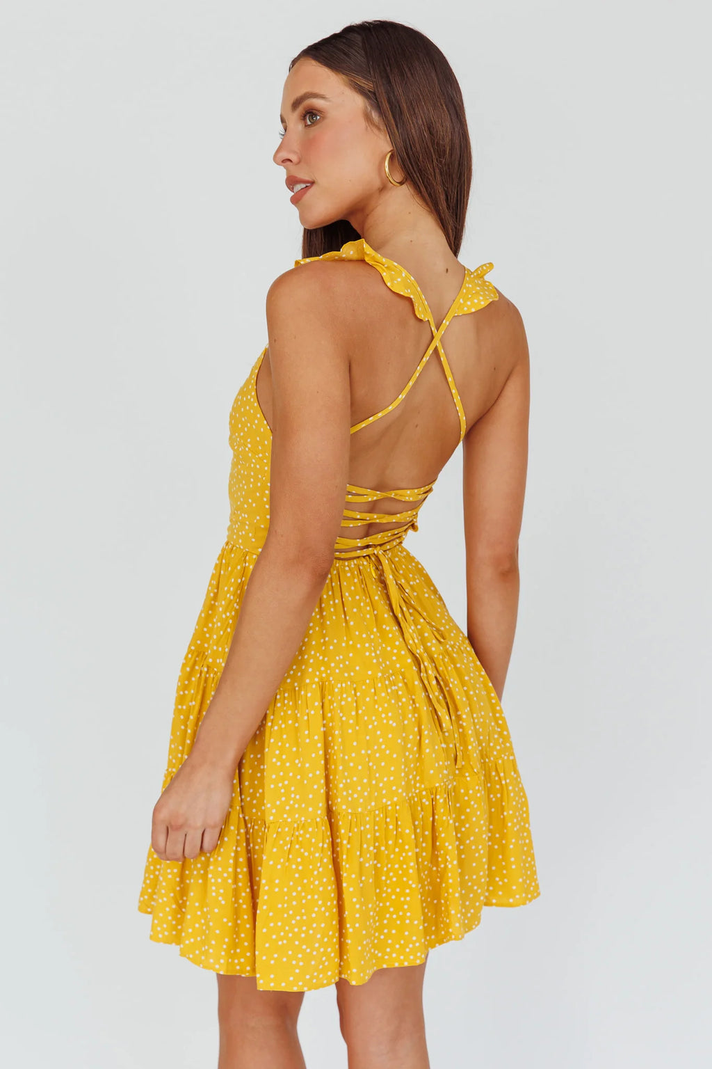 Allegra Fluted Hem Lace-Up Back Dress Yellow