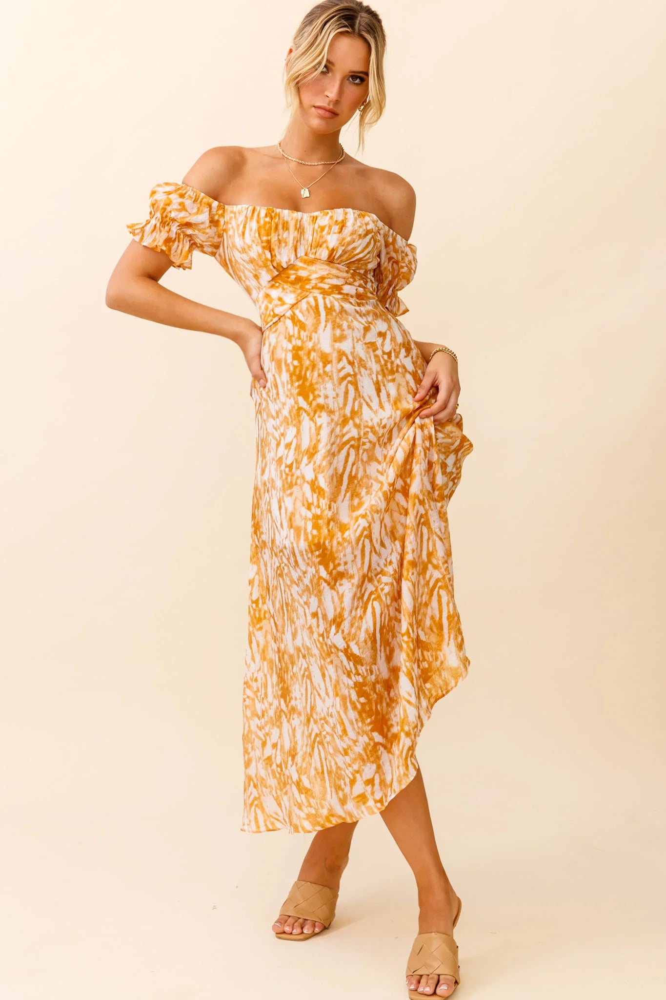 Linka Off-Shoulder Tie Back Midi Dress Printed Orange