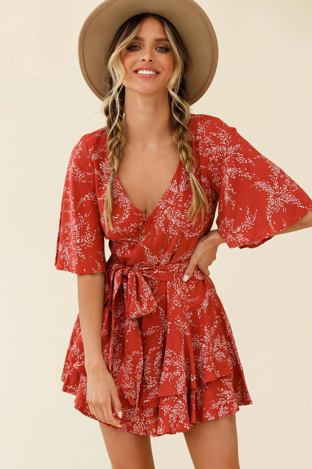 Davina Angel Sleeve Cut-Out Back Romper Leaf Print Rose
