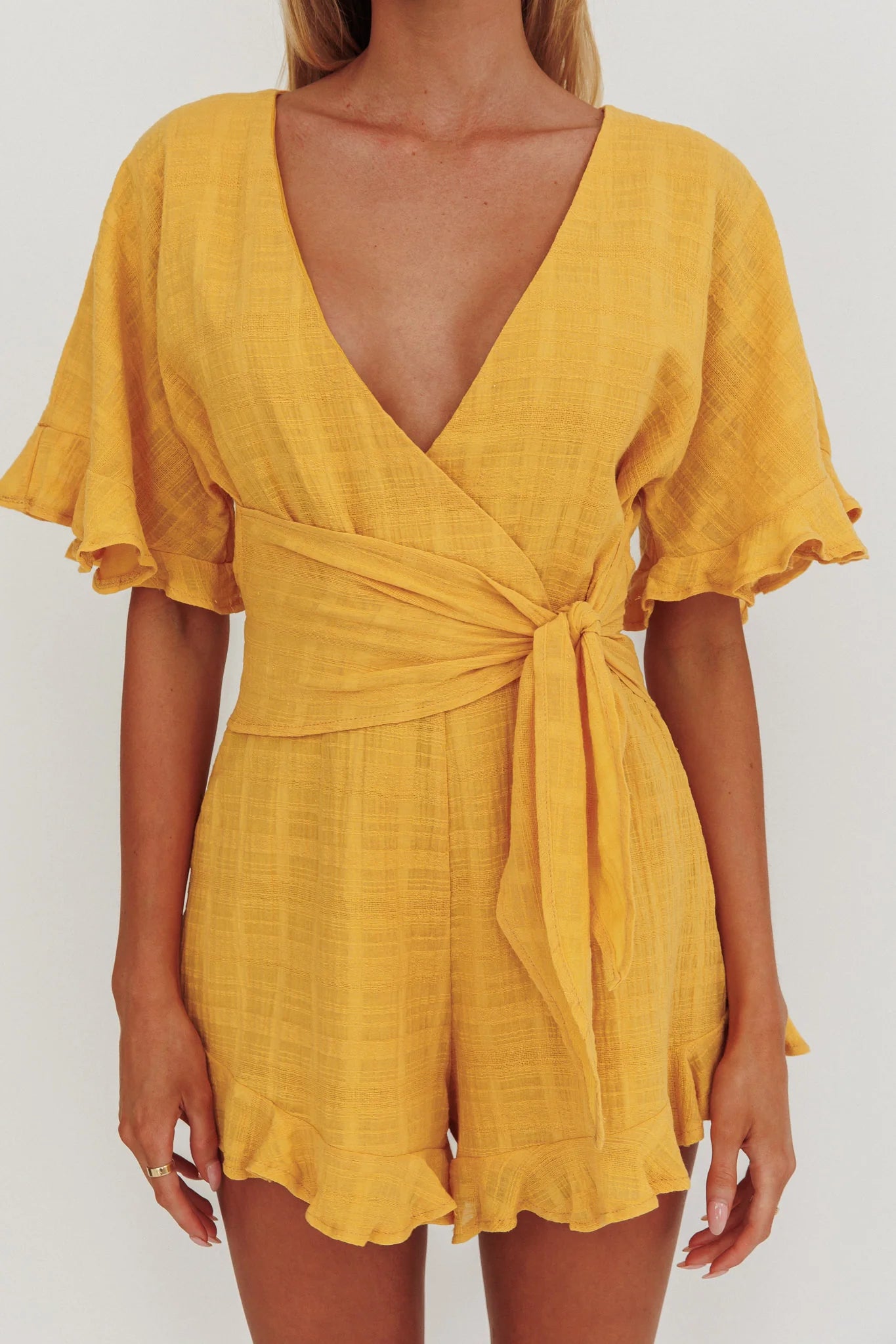 Karin Frill Trim Waist Tie Romper Mustard