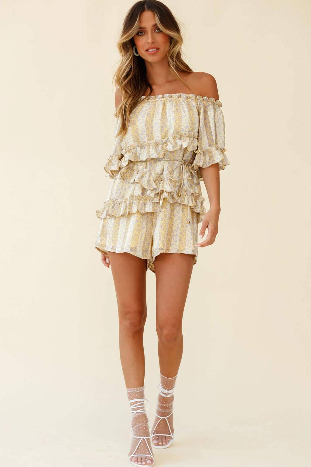 Astoria Bardot Neckline Frill Romper Floral & Stripe Print Yellow