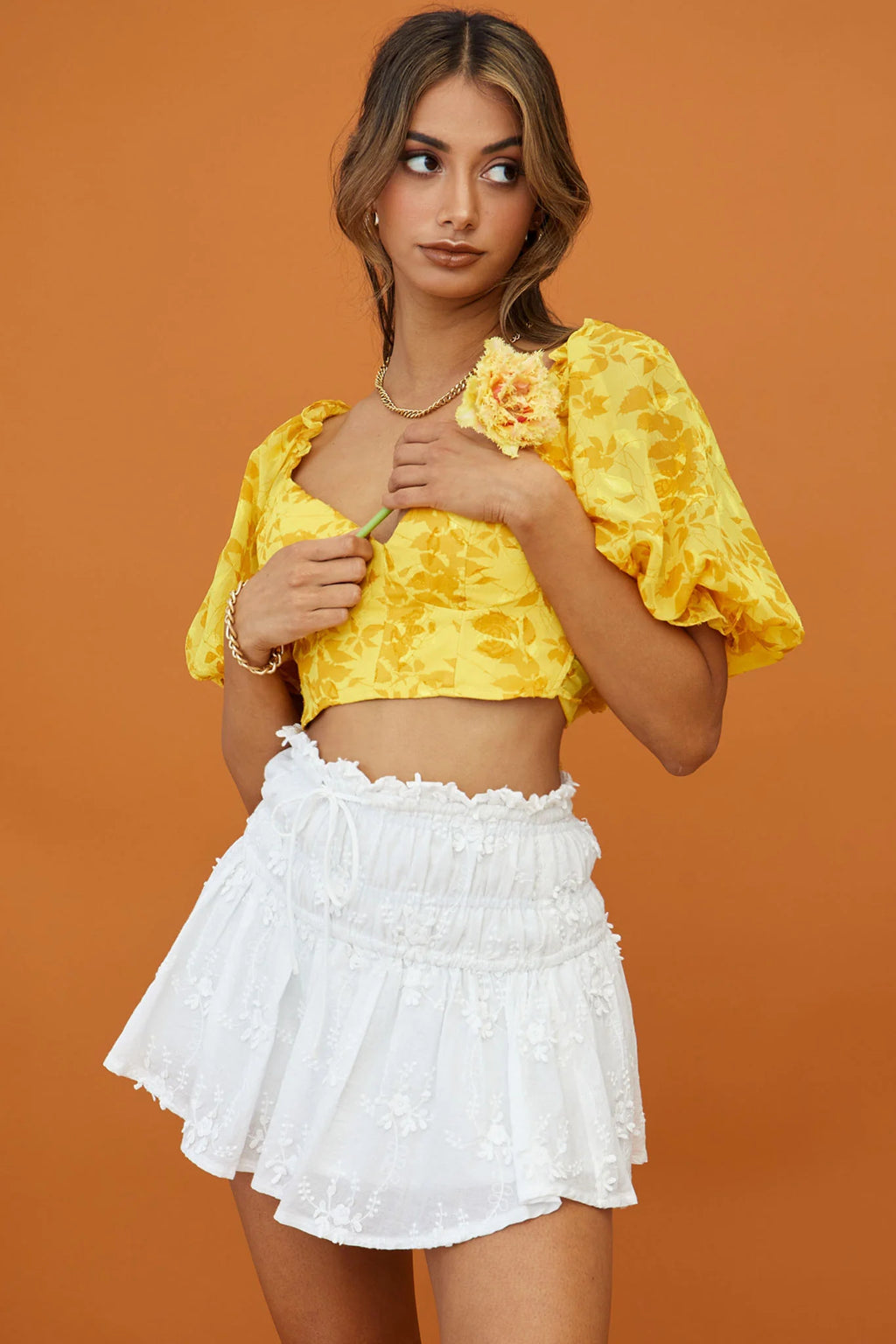 Rosetta Puff Sleeve Keyhole Back Crop Top Floral Print Yellow