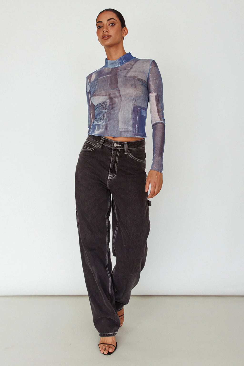 Giza Long Sleeve Mock Neck Top Print Denim Multi