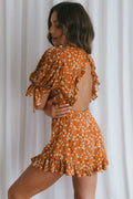 Francine Short Sleeve Tied Bust Romper Floral Orange
