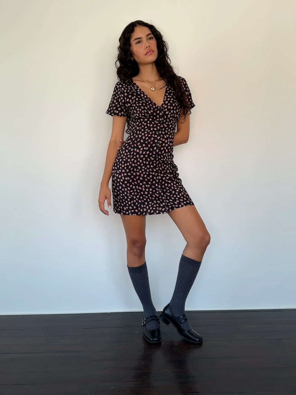 Field Trip Button Front Mini Dress Black Floral