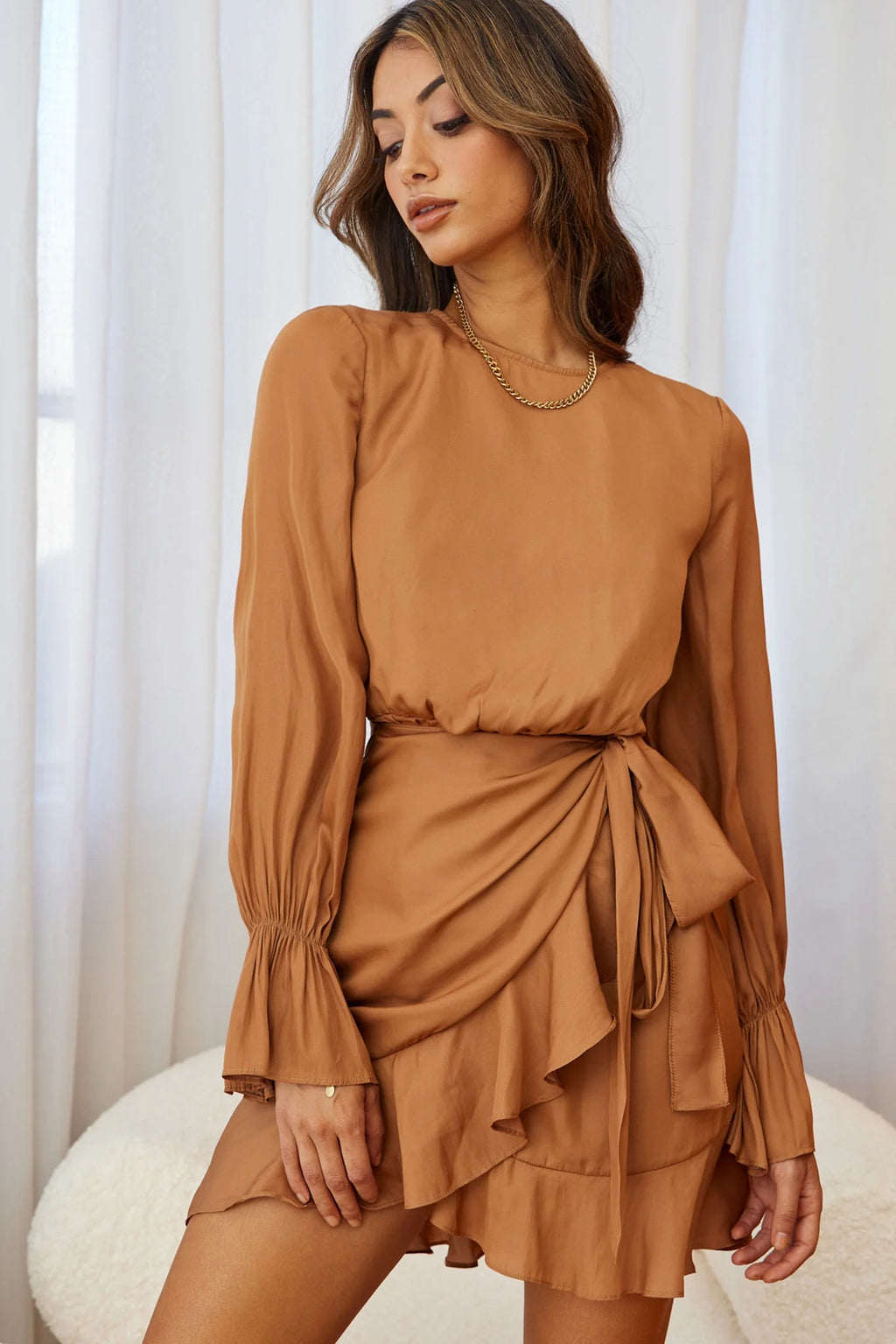 Darla Long Sleeve Satin Dress Tan