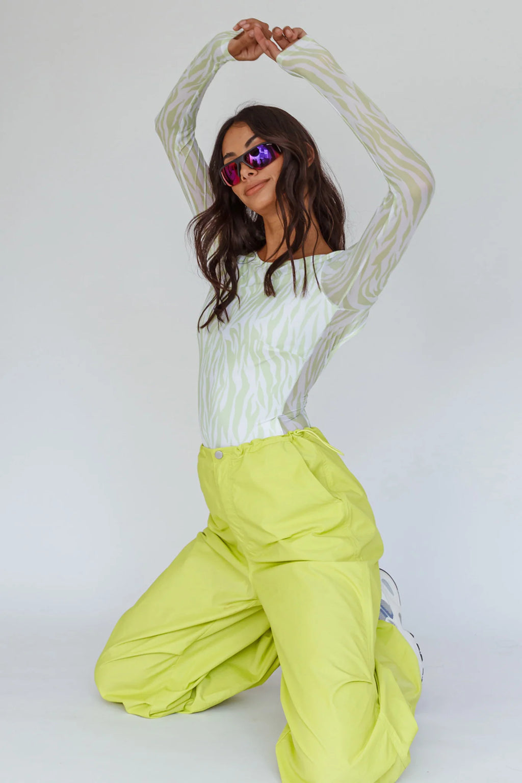 Juni Long Sleeve Low Back Mesh Bodysuit Tiger Lime