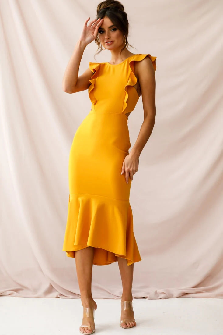 Jackie Wide Ruffle Hem Pinafore Midi Dress Mustard