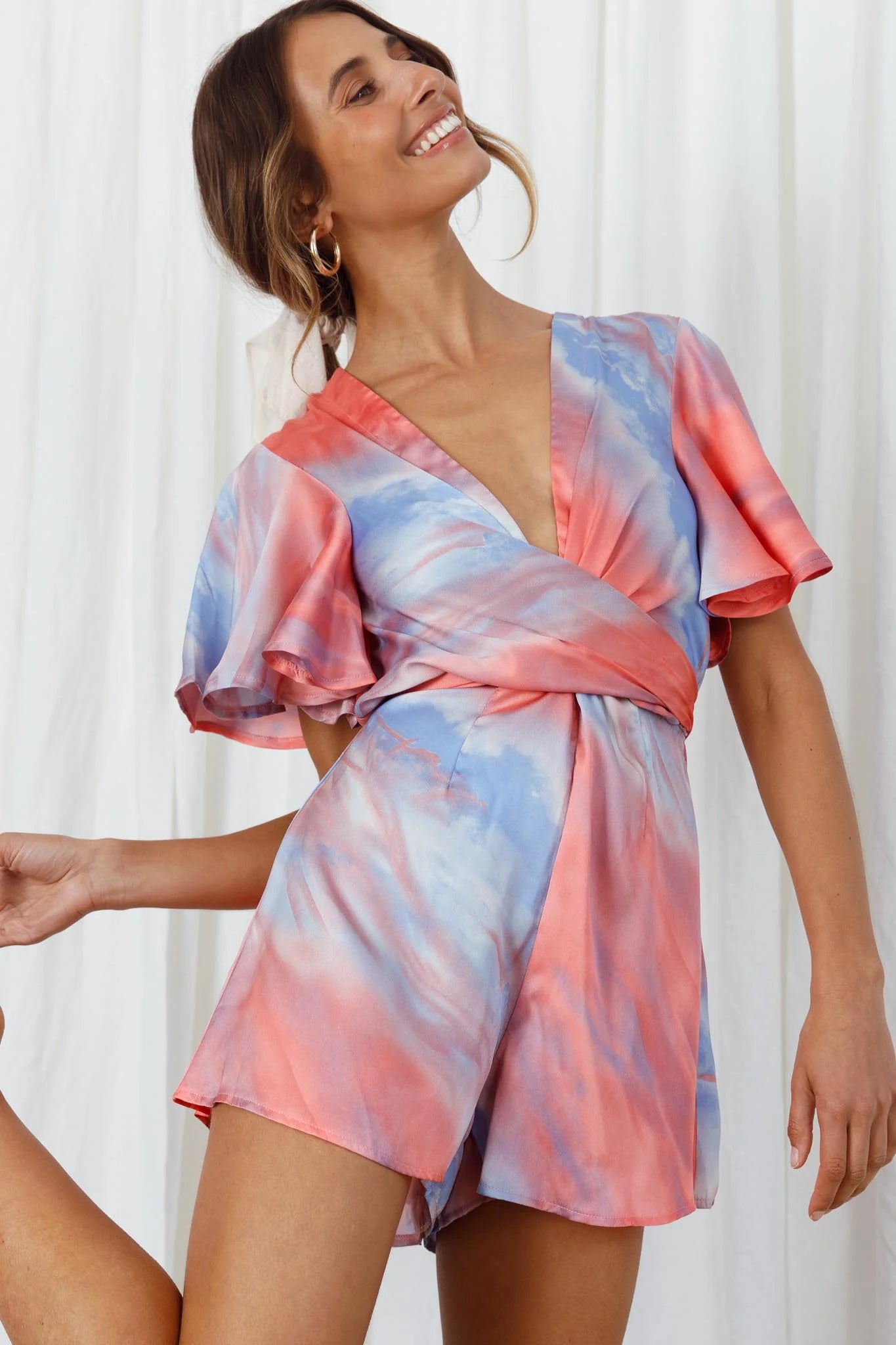 Unconditional Plunging Wrap Style Romper Marbled Tie Dye Red/Purple