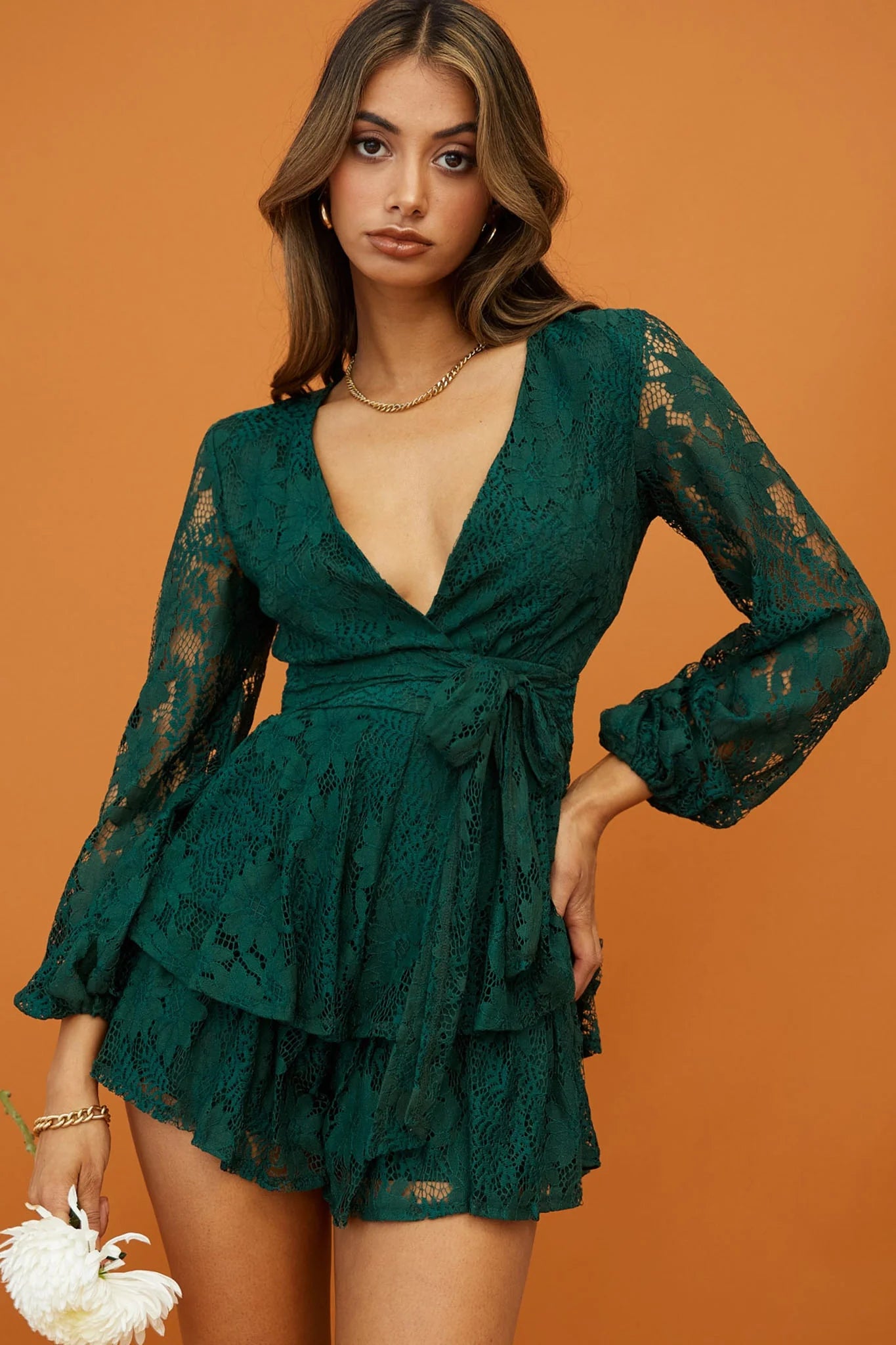 Maddox Fit & Flare Long Sleeve Romper Floral Lace Forest Green
