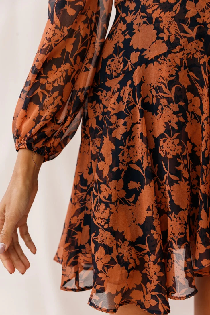 Wisteria Lane Long Sleeve Tea Dress Floral Print Navy