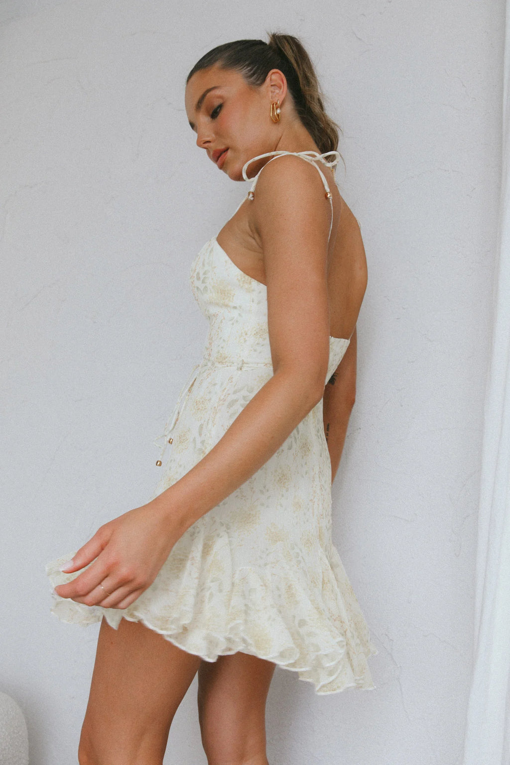 Charliza String Tie Godet Hem Dress Floral Mint