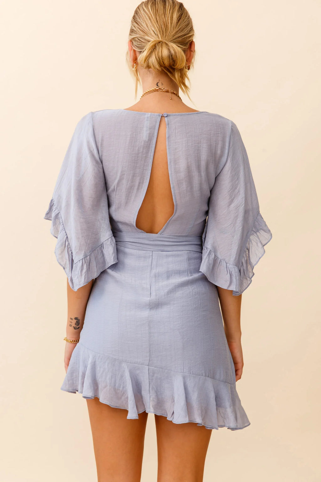 Make It Happen Flared Sleeve Ruffle Trim Dress Steel Blue