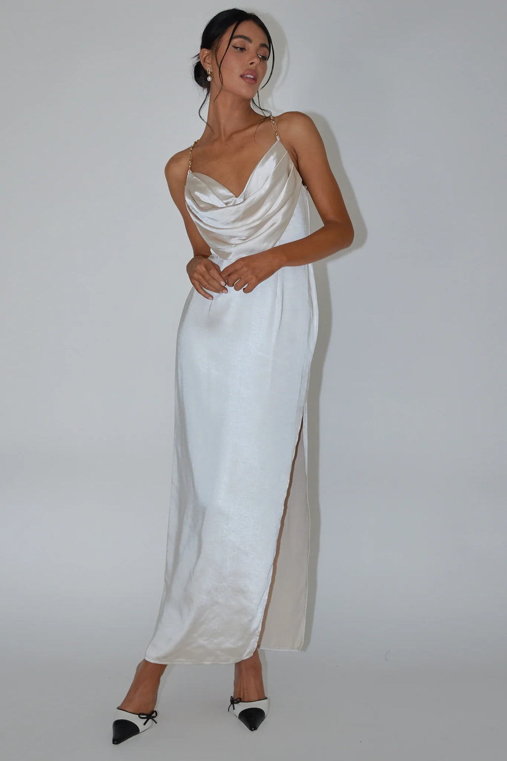 Emanuella Chain Strap Satin Midi Dress Champagne
