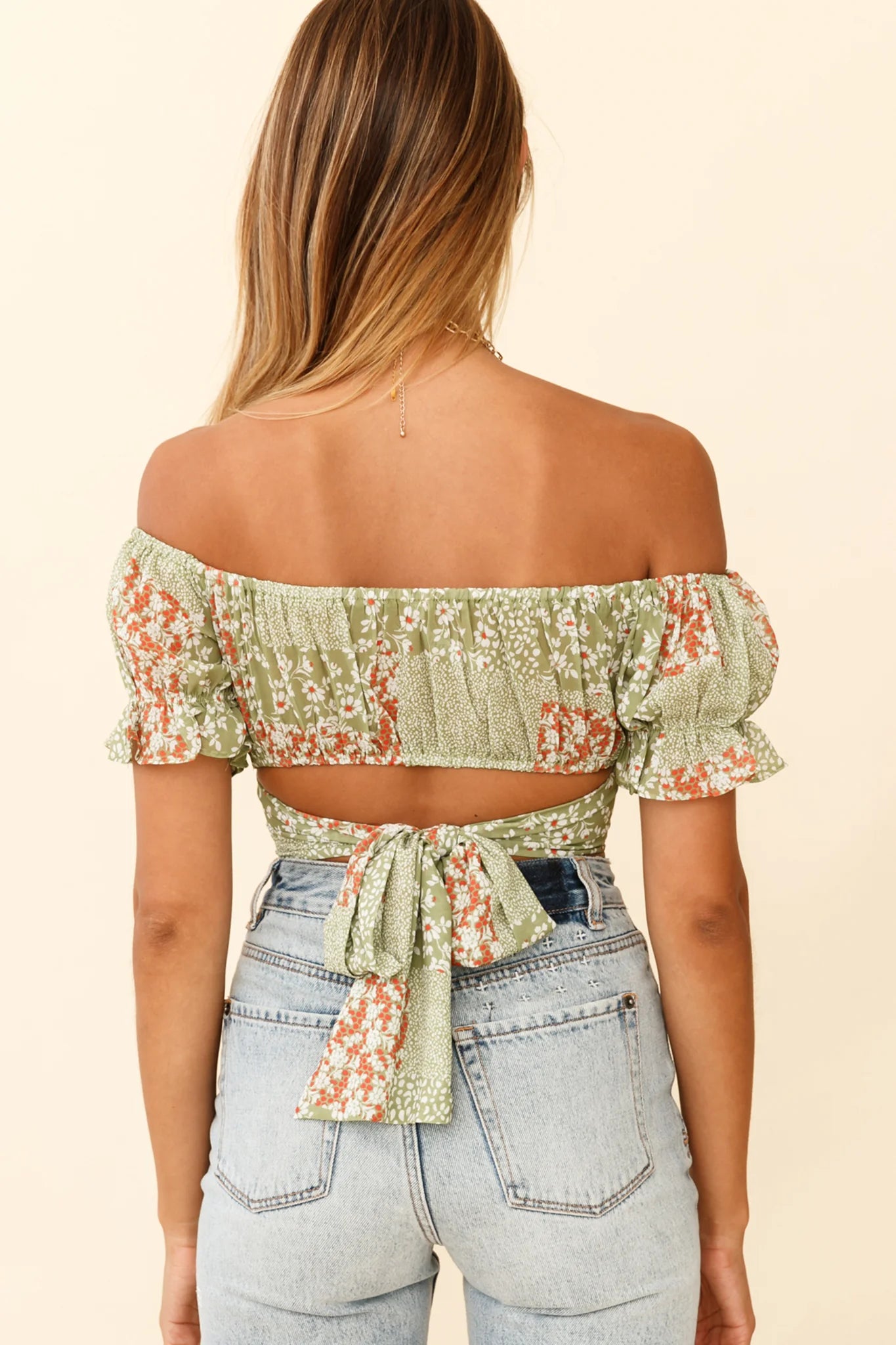 Linka Off-Shoulder Tie-Back Crop Top Mini Flower Print Green