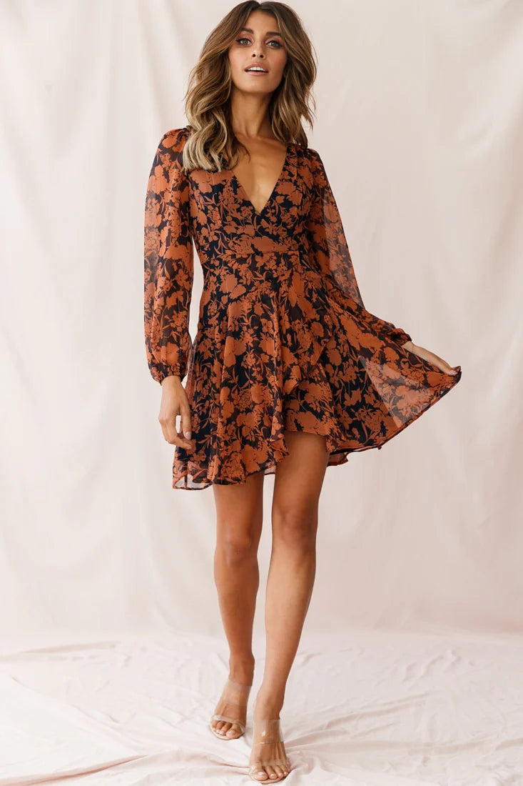 Wisteria Lane Long Sleeve Tea Dress Floral Print Navy