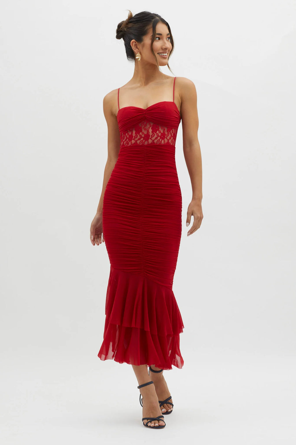 Cherubim Lace Insert Ruched Midi Dress Red