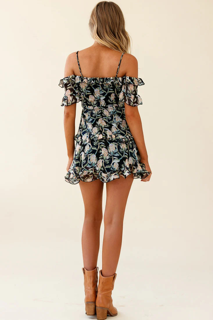 Maranda Bardot Lace-Up Bust Dress Banksia Print Navy