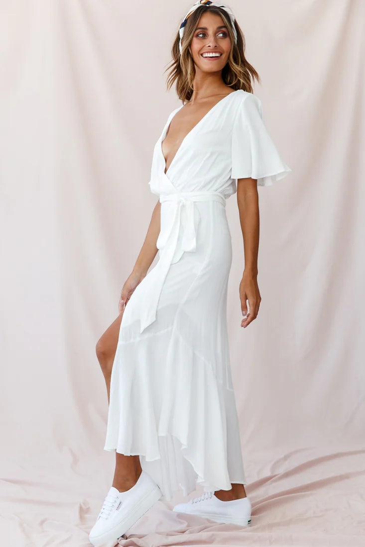 Friday Surplice Neckline Front Split Maxi Dress White