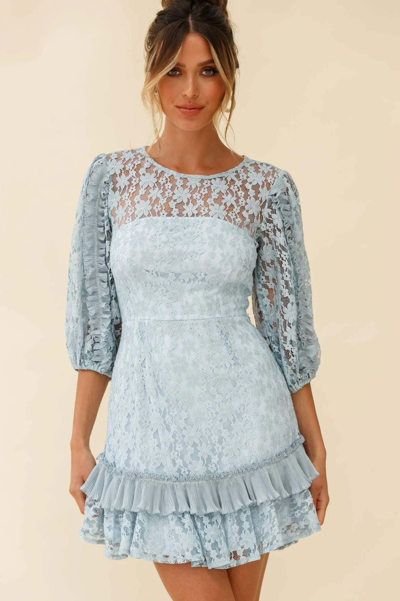 Home Again Three-Quarter Sleeve Lace Dress Blue