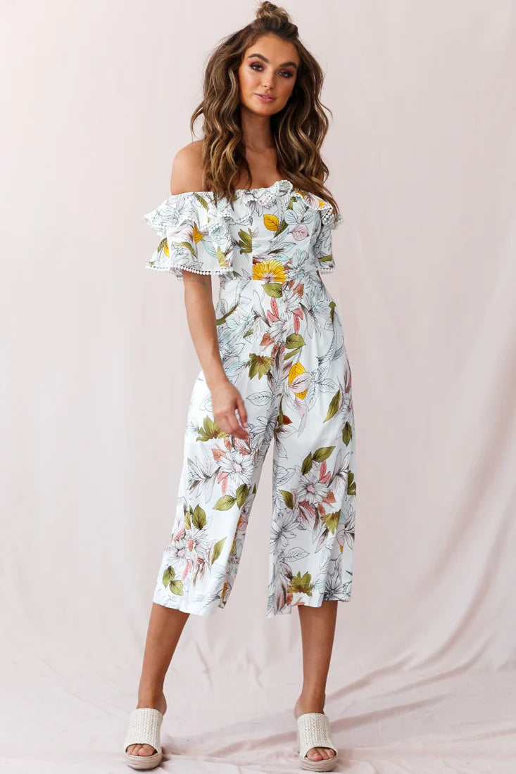 Keeper Off-Shoulder Culotte Jumpsuit Floral Print White