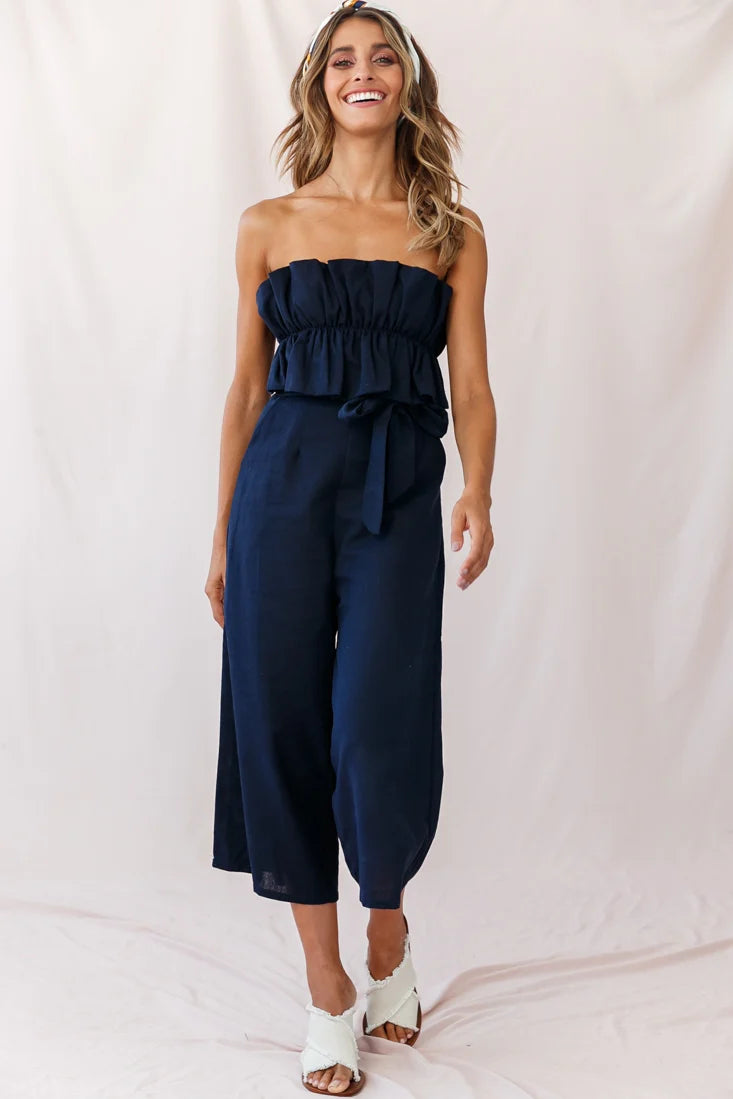 Thea Ruffle Crop Top Jumpsuit Navy