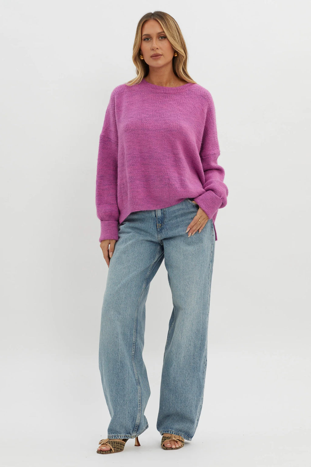 Kayce Dropped Shoulder Knit Sweater Fuchsia