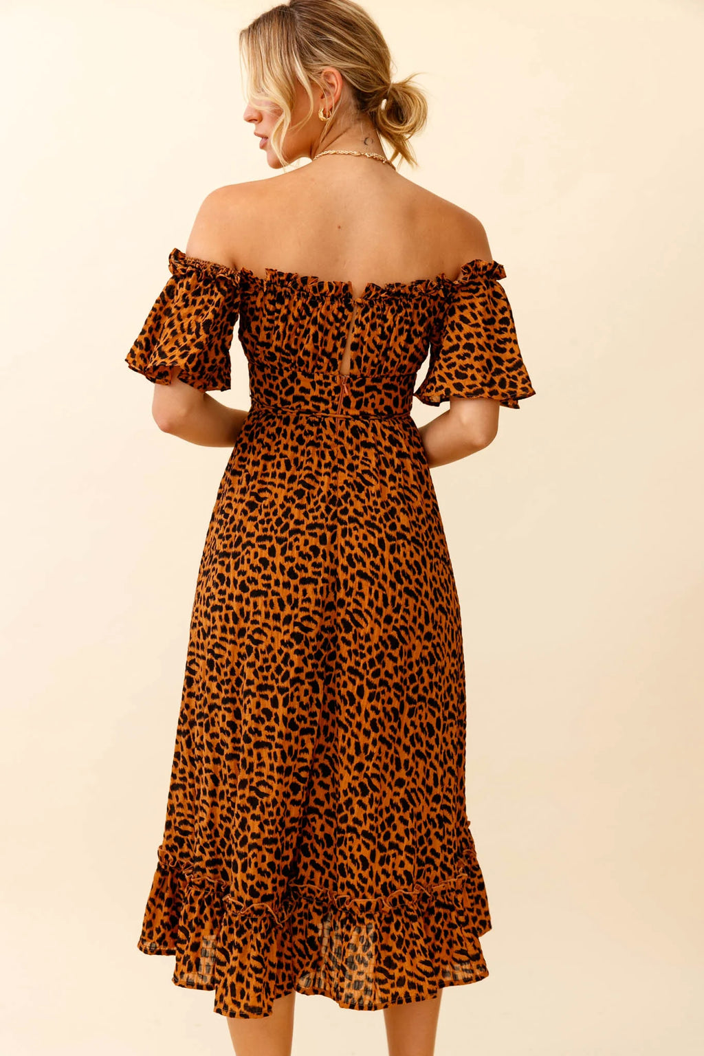 Voyager Off-Shoulder Bell Sleeve Midi Dress Leopard Print Brown