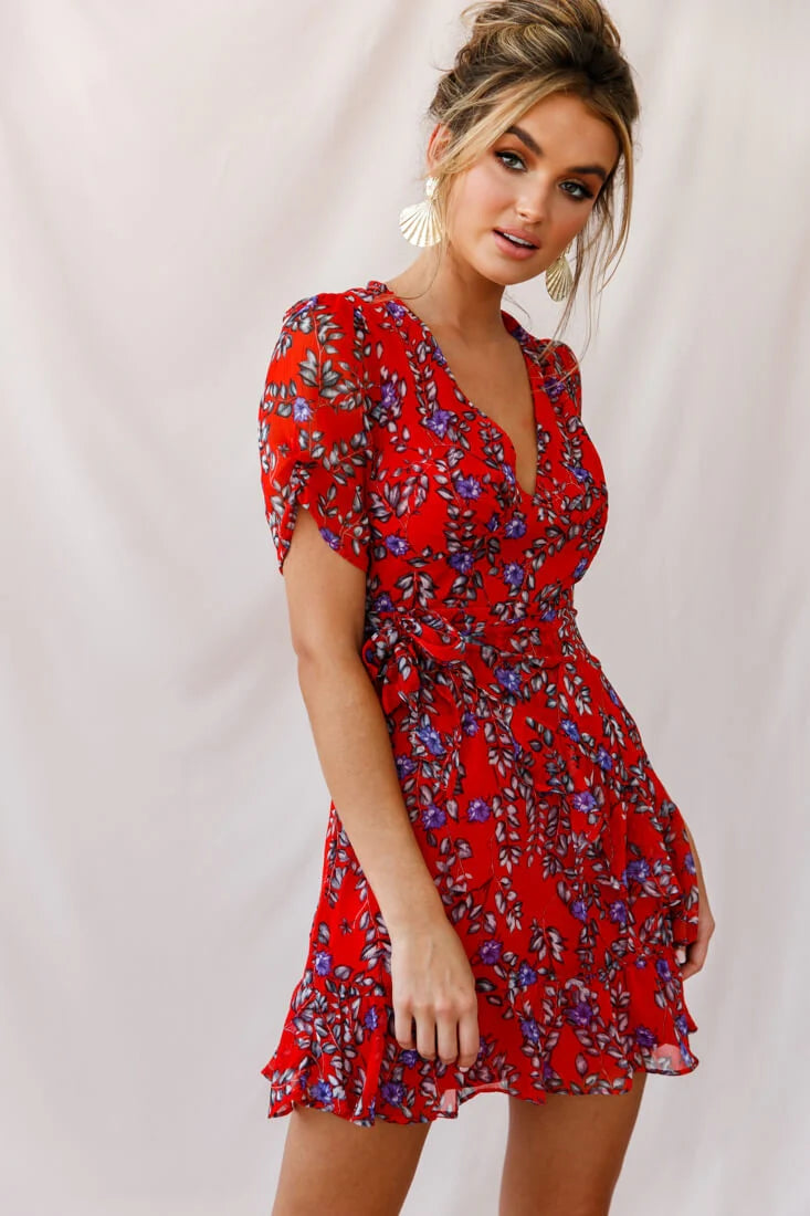 Edie V-Neck Chiffon Dress Red