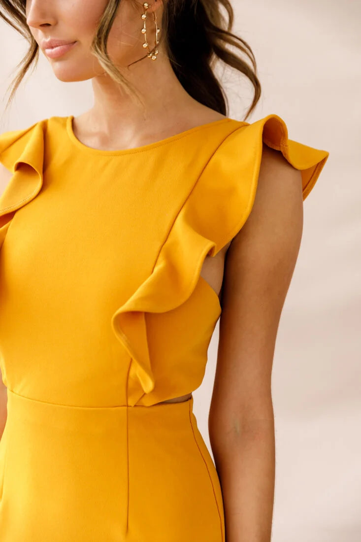 Jackie Wide Ruffle Hem Pinafore Dress Mustard