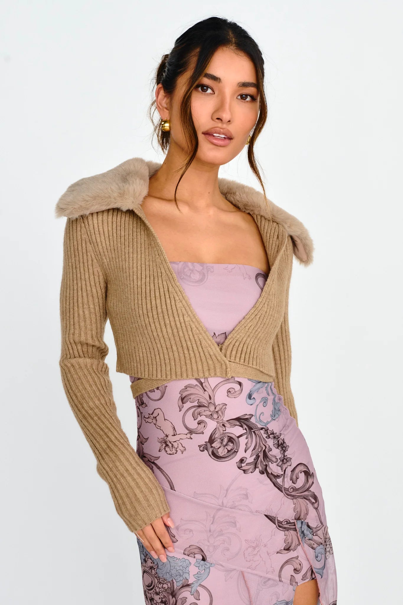 Hollyoak Fur Collar Knit Crop Top Oatmeal