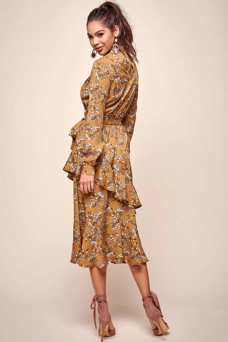 Jackson Waist Tie Bell Sleeve Dress Mustard
