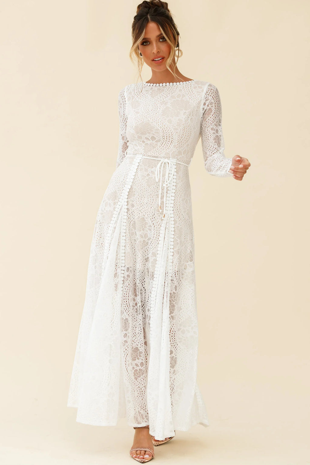 Palm Springs Long Sleeve Lace Overlay Maxi Dress White