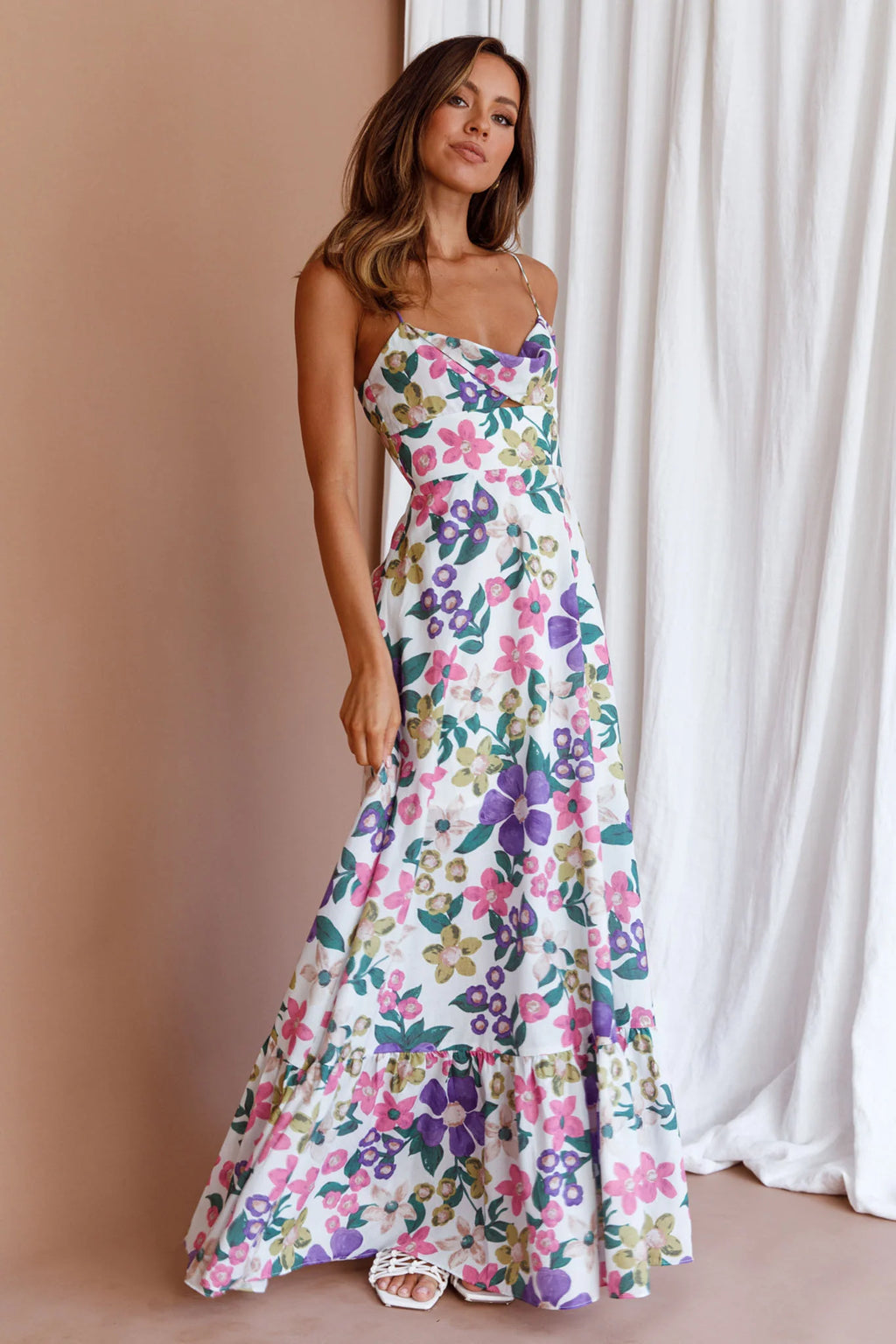 Beachside Flounce Hem Maxi Dress White Floral
