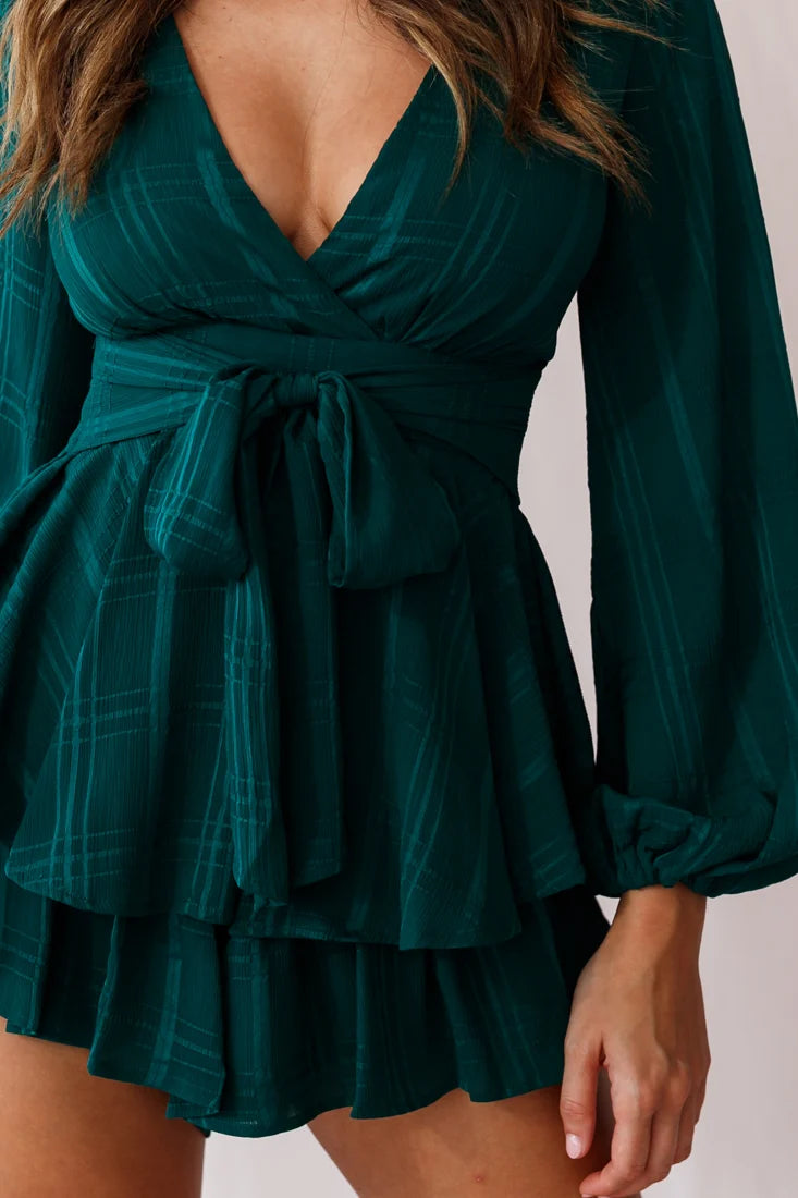 Maddox Fit & Flare Long Sleeve Romper Forest Green