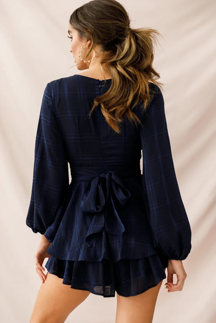 Maddox Fit & Flare Long Sleeve Romper Navy