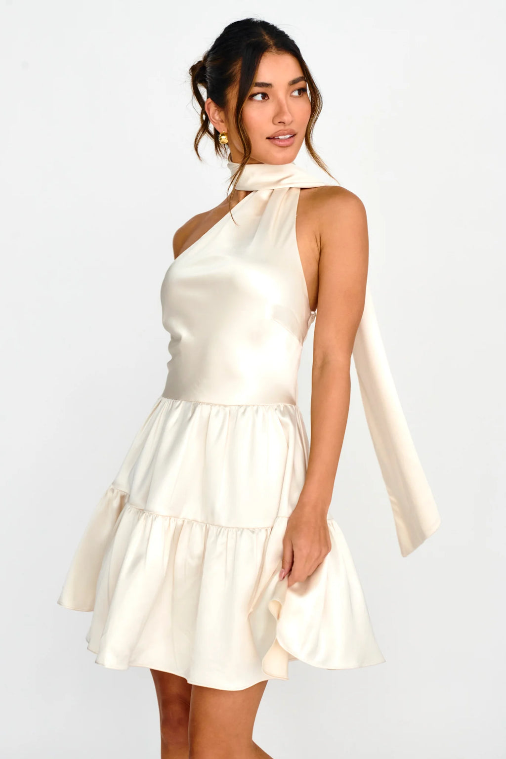 Gimme Love Open Back Flounce Mini Dress Oyster